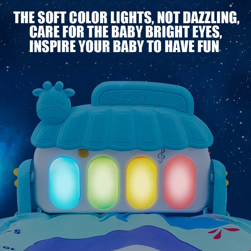 Blue toy house with soft glowing colored lights, set against a starry night. Text reads, "The soft color lights, not dazzling, care for the baby bright eyes, inspire your baby to have fun."