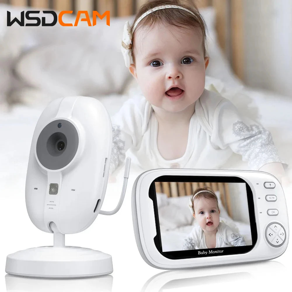 Baby monitor set with camera and screen. A baby is pictured on the screen and in the background. "WSDCAM" logo is visible in the top left corner.