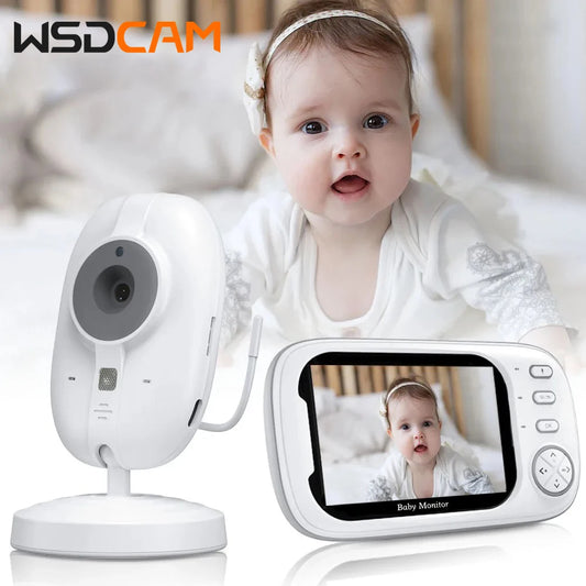 Baby monitor set with camera and screen. A baby is pictured on the screen and in the background. "WSDCAM" logo is visible in the top left corner.