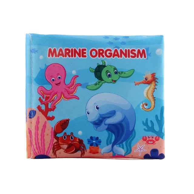 Children's book titled "Marine Organism" with illustrations of an octopus, turtle, seahorse, crab, and manatee on a blue ocean-themed background.