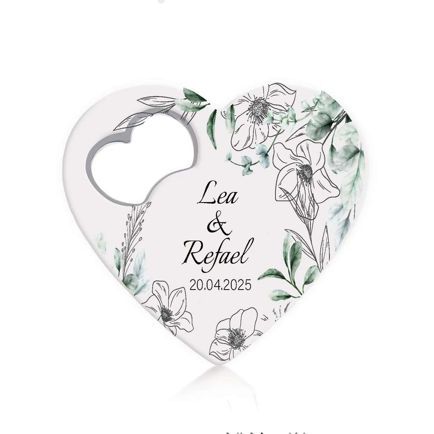 Heart-shaped wedding invitation with floral design. Text reads "Lea & Refael" followed by the date "20.04.2025." A small heart cutout is at the top left corner.
