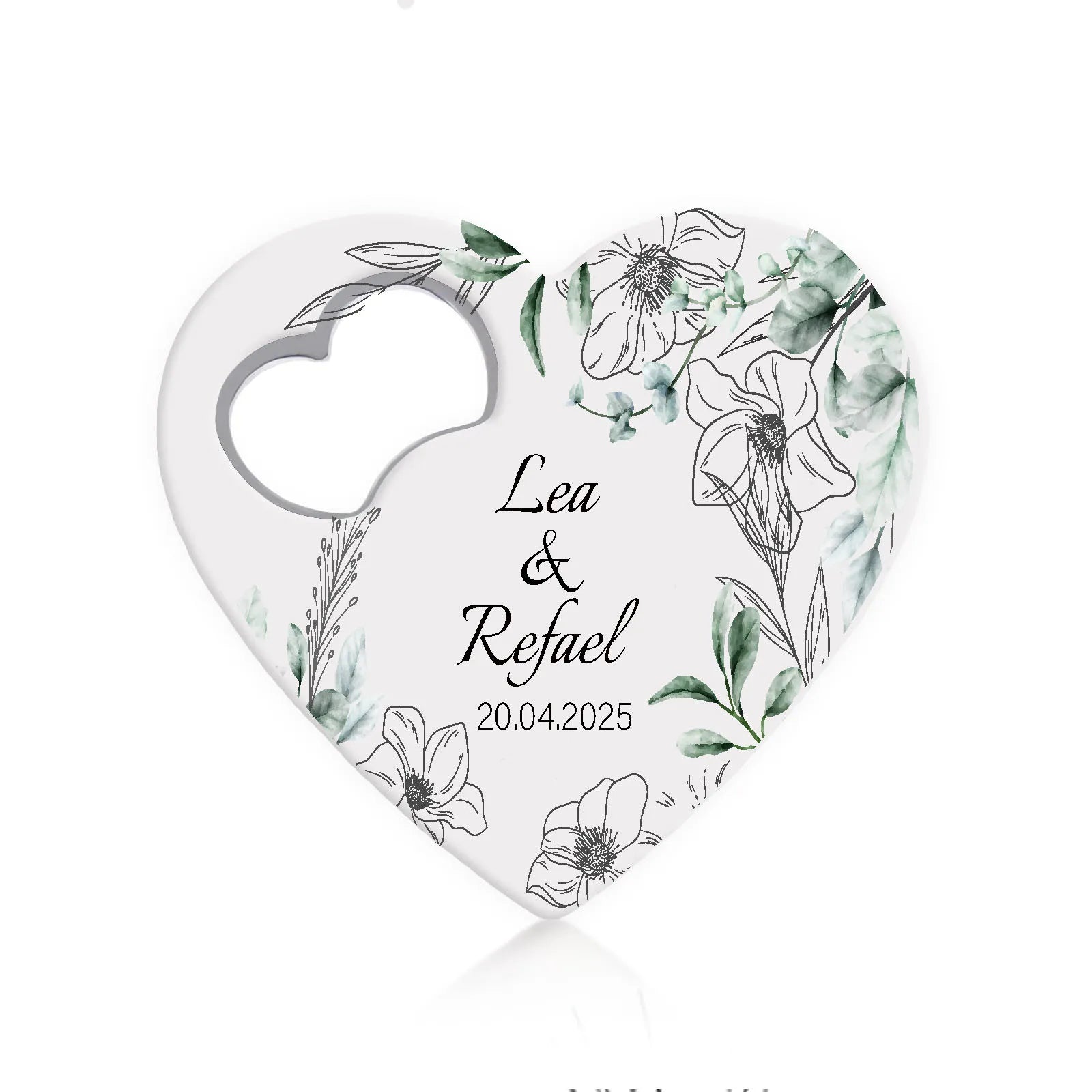 Heart-shaped wedding invitation with floral design. Text reads "Lea & Refael" followed by the date "20.04.2025." A small heart cutout is at the top left corner.