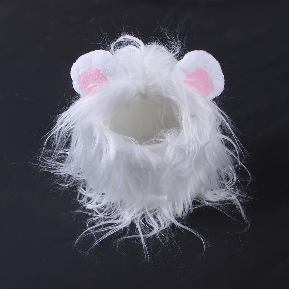 White fluffy cat hat with pink-lined ears on a black background. The hat has shaggy fur, resembling a cat's head, and is open at the bottom.