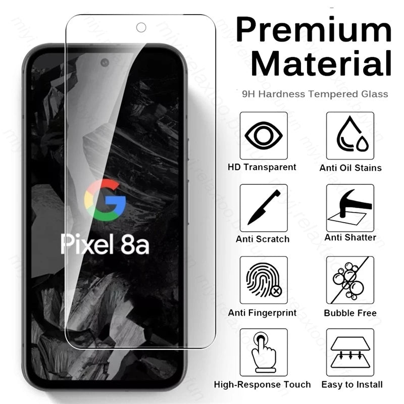 Tempered glass screen protector for Pixel 8a, showcasing features like HD transparency, anti-oil stains, anti-scratch, anti-shatter, anti-fingerprint, bubble-free, and easy installation.