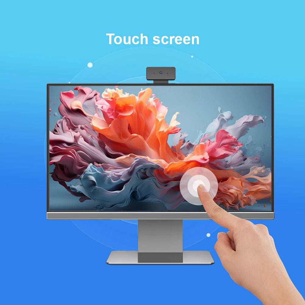 Hand touching a lively, colored abstract on a modern desktop touchscreen against a blue gradient background. The text "Touch screen" appears above the display.