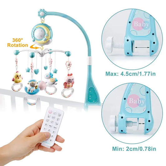 Baby crib mobile with remote control, featuring hanging plush toys and a 360-degree rotation. Adjustable clip fits 2cm to 4.5cm cribs, shown in detail.
