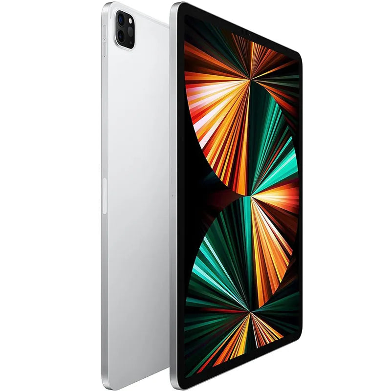 Sleek silver tablet with a thin profile, featuring a vibrant, colorful display with dynamic, radial patterns. The rear camera is visible on the top left corner.