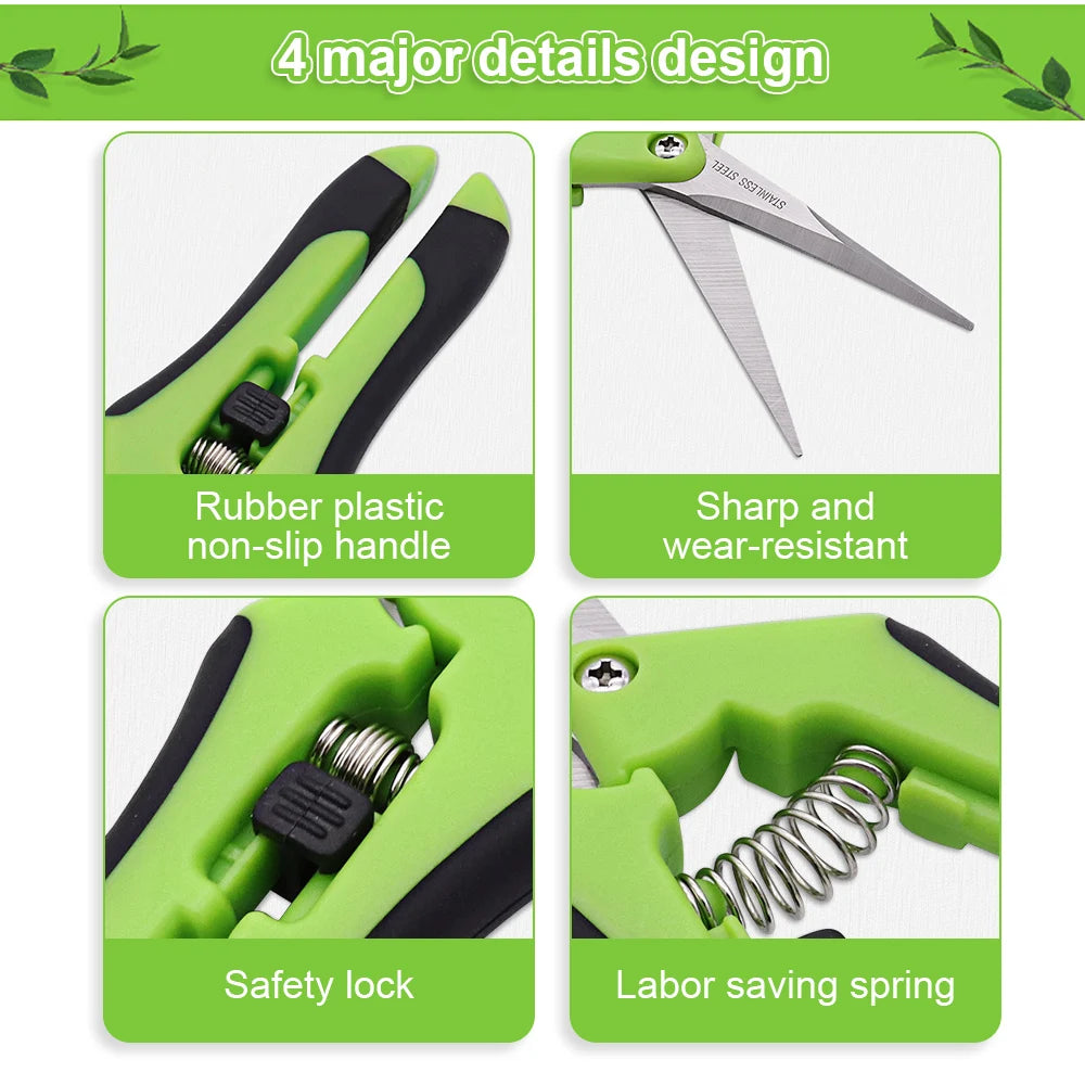 Green garden shears with four detailed design features: rubber non-slip handles, sharp wear-resistant blades, a safety lock, and a labor-saving spring.