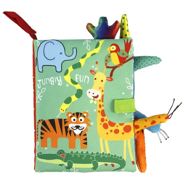 Colorful children's fabric book cover featuring jungle animals like an elephant, giraffe, tiger, parrot, snake, and crocodile, with "jungly fun" text and playful textures.