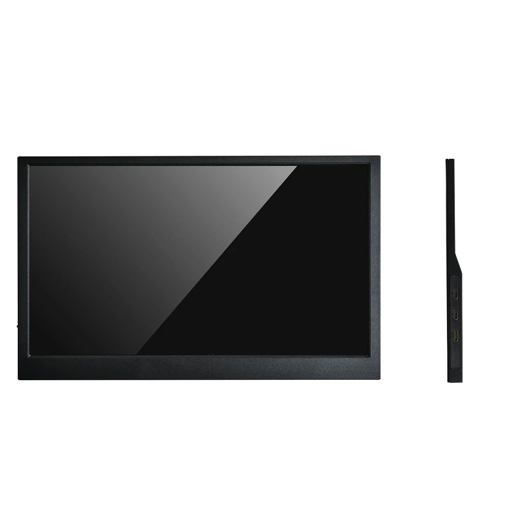 Wide-screen flat monitor shown from the front and side, featuring a sleek black frame and a glossy display. Side view reveals ports for connectivity.