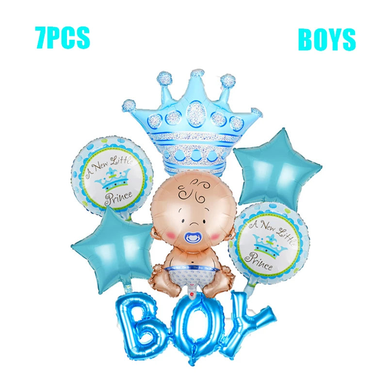 Baby shower balloon set with a baby, crown, stars, and round "A New Little Prince" balloons. Metallic letters spell "BOY." Blue and silver theme. Seven pieces total.