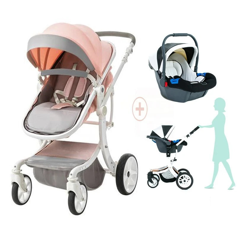 Pink baby stroller with a grey canopy and matching car seat. An illustration shows a person pushing a stroller with the car seat attached.