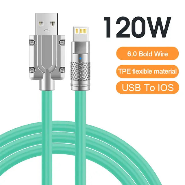 Green USB to iOS cable with metal connectors, rated 120W, featuring 6.0 bold wire, TPE flexible material, and optimized for fast charging, shown coiled in the image.