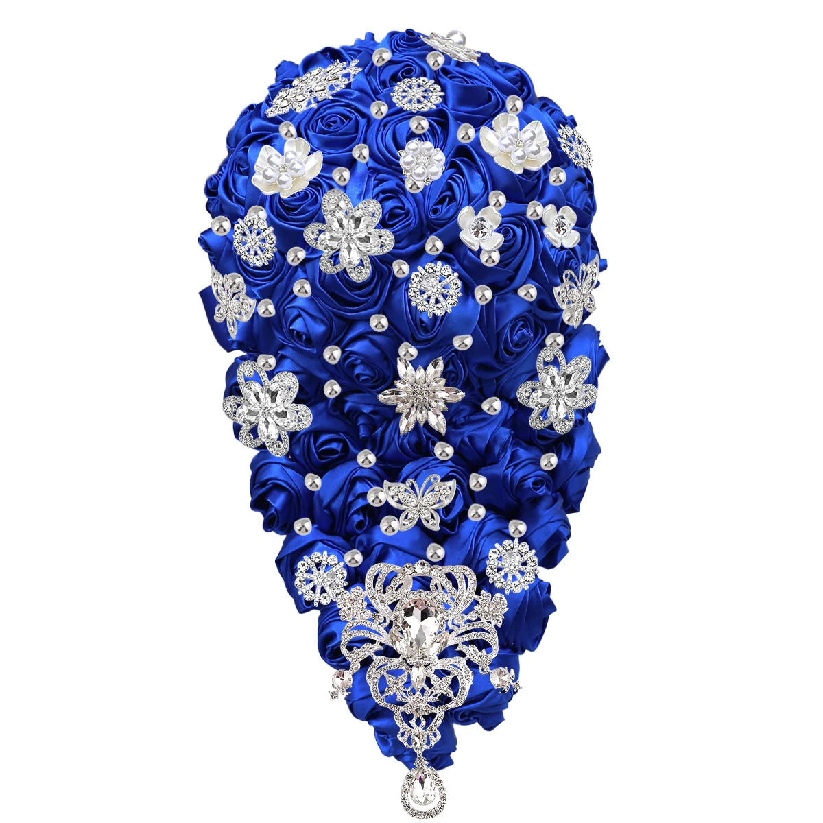 A vibrant bouquet of blue satin roses adorned with sparkling silver brooches and pearls, arranged in an elegant teardrop shape.