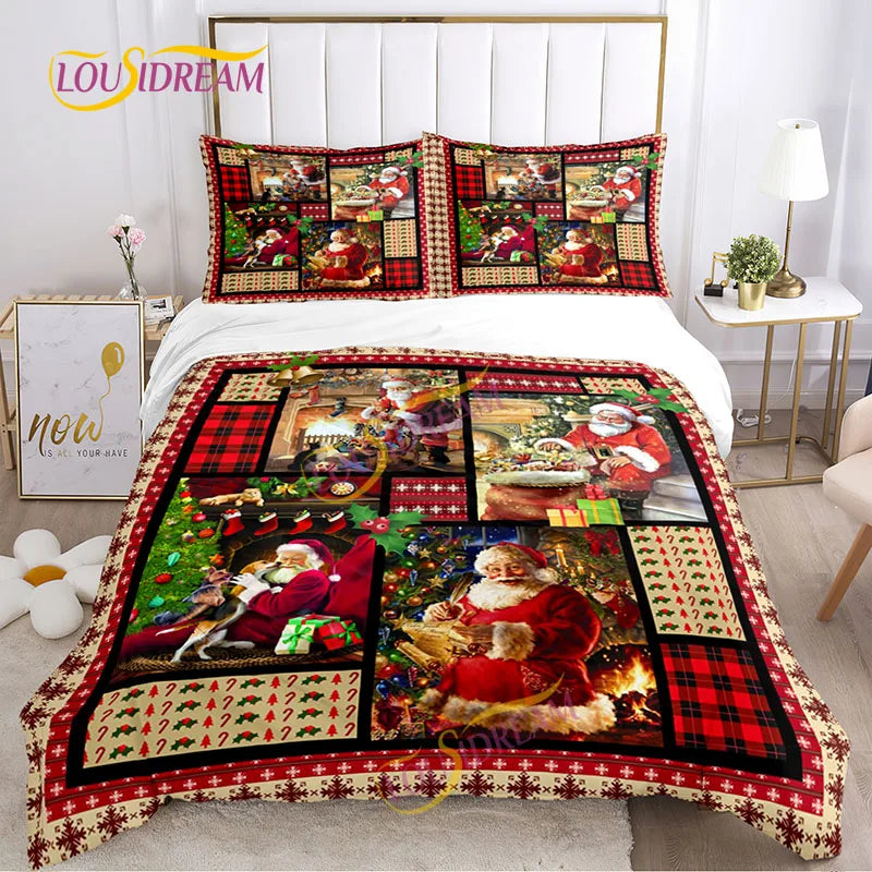 Festive bedding set with colorful illustrations of Santa Claus, Christmas trees, and presents, featuring red and green tones, on a neatly made bed in a cozy bedroom.