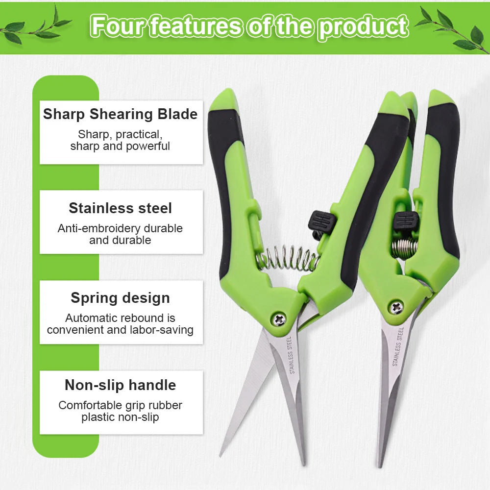 Green and black garden shears with sharp stainless steel blades, spring design for easy rebound, and a non-slip handle. Features include durability and practicality.