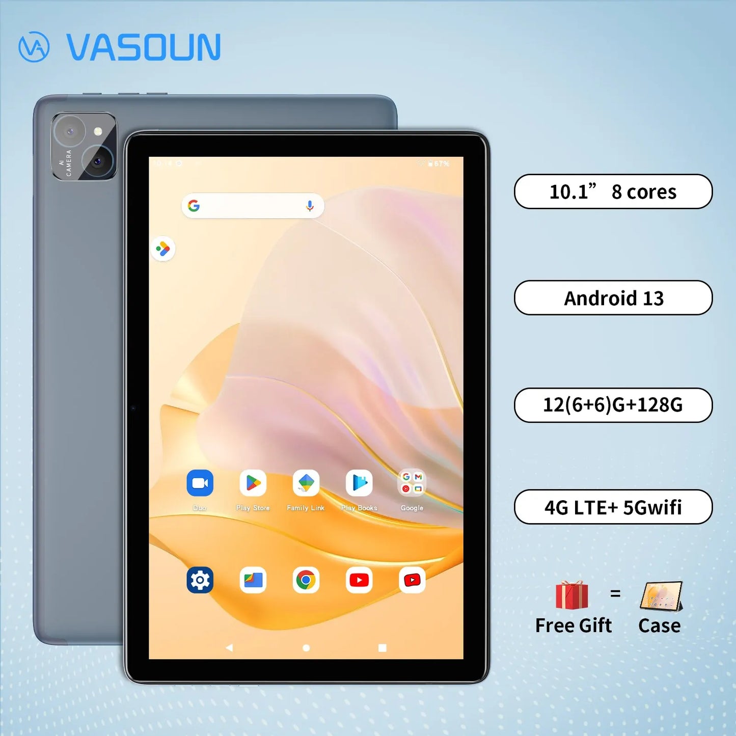 Tablet with 10.1" display, Android 13, 8-core processor, 12GB RAM, 128GB storage, 4G LTE, and 5G Wi-Fi. Includes a free case gift. Brand name "VASOUN" shown.