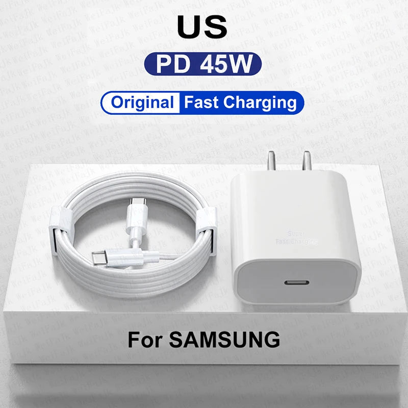 Samsung-compatible 45W fast charger with USB-C cable. Labeled “Original Fast Charging” and designed for use in the US, featuring a compact white adapter and cable.