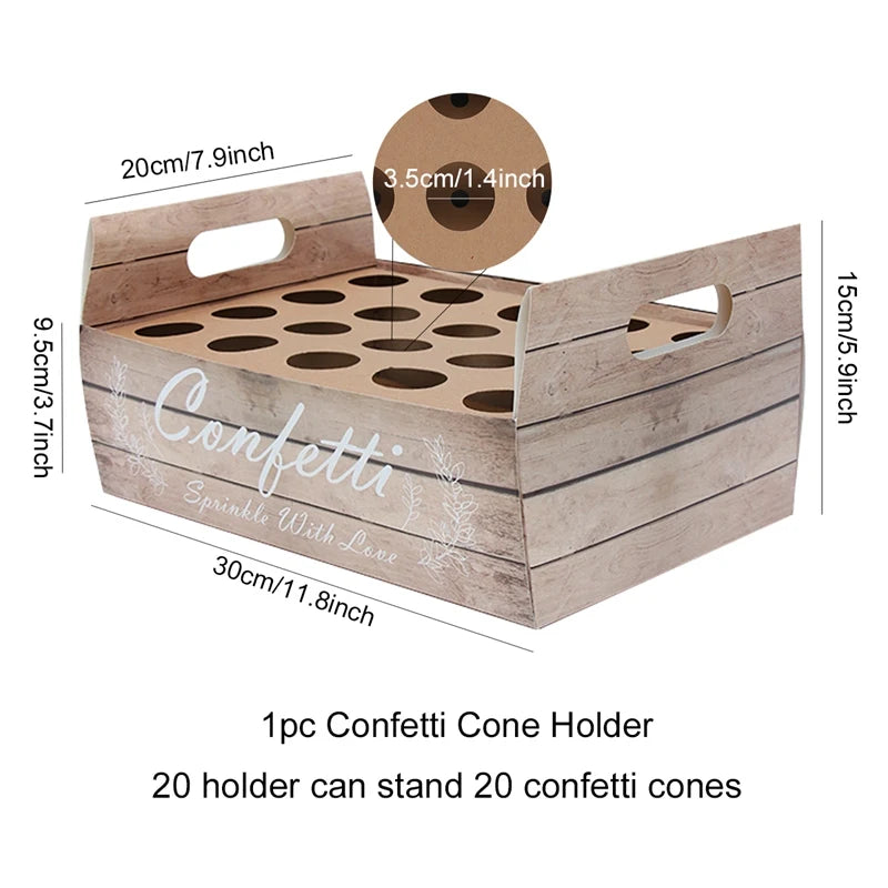 Wooden-style confetti cone holder measuring 30x20x15cm with 20 slots, each 3.5cm in diameter. Features “Confetti Sprinkle With Love” text and side handles.