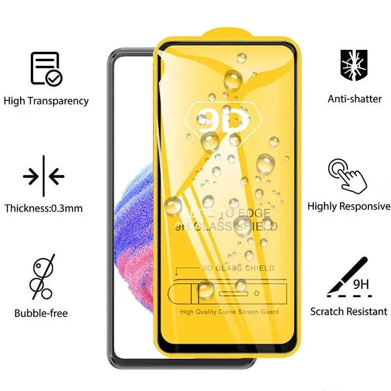 Smartphone with a 9D glass screen protector. Features include high transparency, 0.3mm thickness, bubble-free, anti-shatter, highly responsive, and 9H scratch resistance.