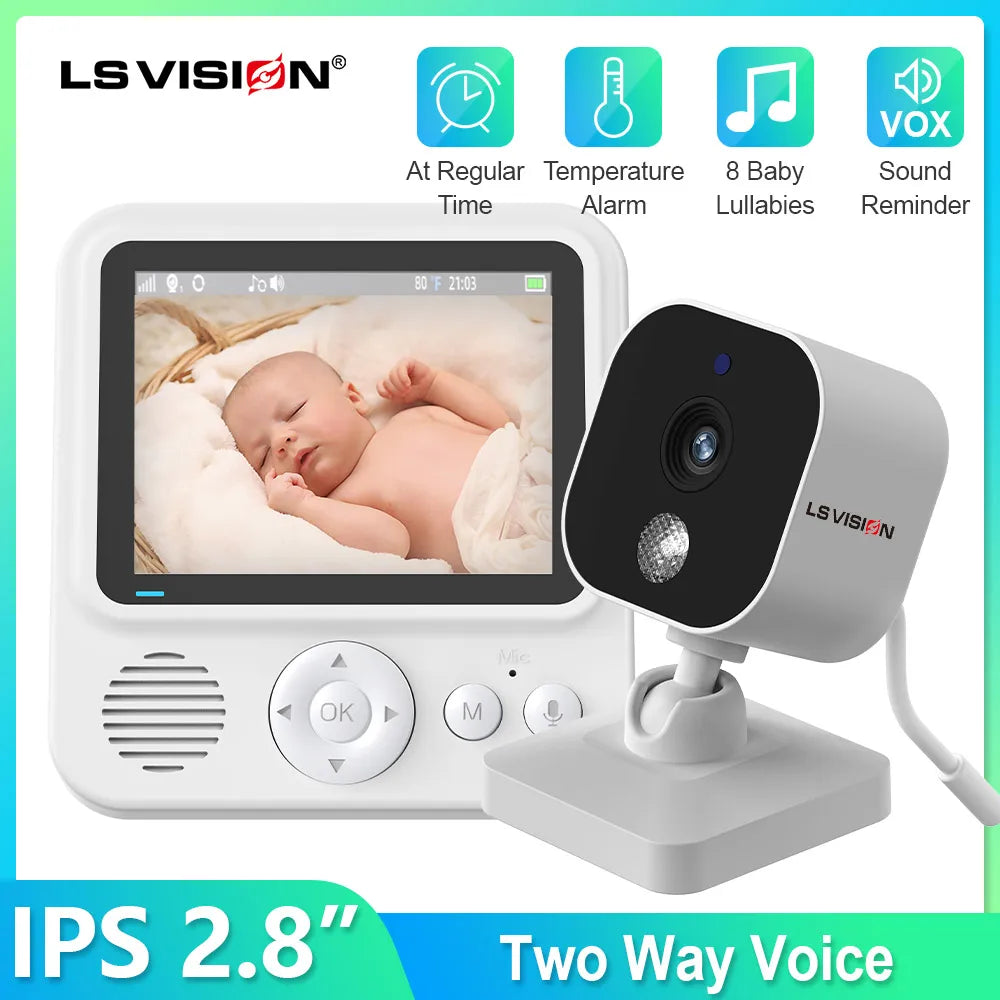 Baby monitor with 2.8-inch screen showing a sleeping baby. Features include regular time display, temperature alarm, 8 lullabies, sound reminder, and two-way voice communication.