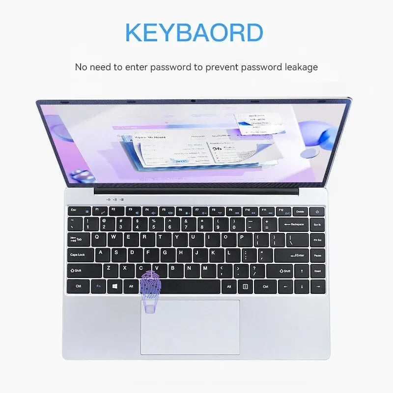 Laptop with a reflection of a screen displaying documents. Text above reads "KEYBAORD" and "No need to enter password to prevent password leakage." Fingerprint icon overlays keyboard.