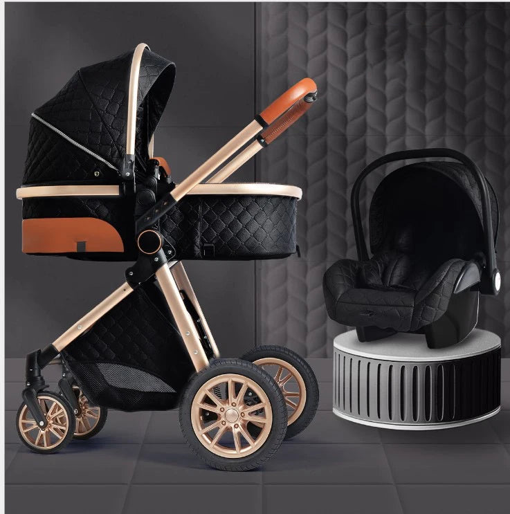 A stylish black and gold stroller with quilted fabric and tan handles stands beside a matching black car seat, both on a patterned dark floor background.