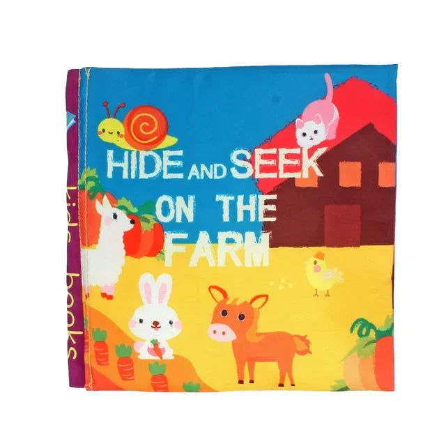 Colorful children's book cover titled "Hide and Seek on the Farm" featuring cartoon animals: a bunny, llama, cow, snail, and pig, with a barn and carrots in the background.