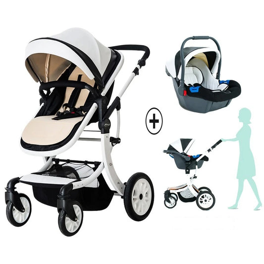 Modern baby stroller with beige and black accents, detachable car seat included. Illustration shows a mother pushing the stroller.