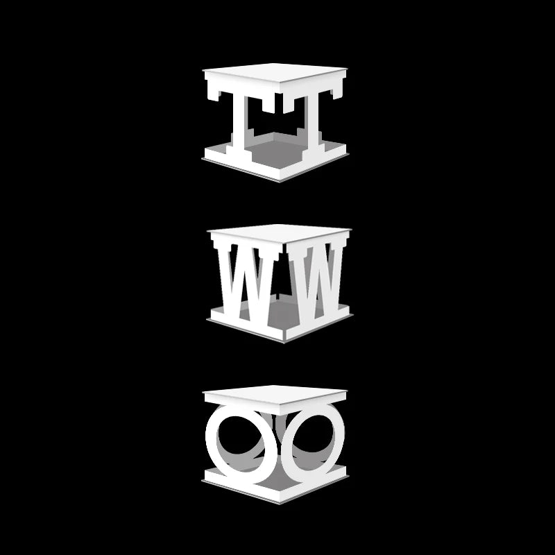 Three white cubic stools on a black background, each with different letter-shaped cutouts: "H" on top, "W" in the middle, and "O" at the bottom.