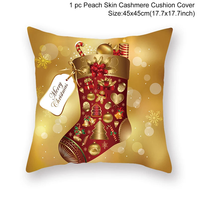 Golden cushion cover featuring a festive red stocking adorned with Christmas ornaments, holly, and candy canes. The tag reads "Merry Christmas". Size: 45x45cm.