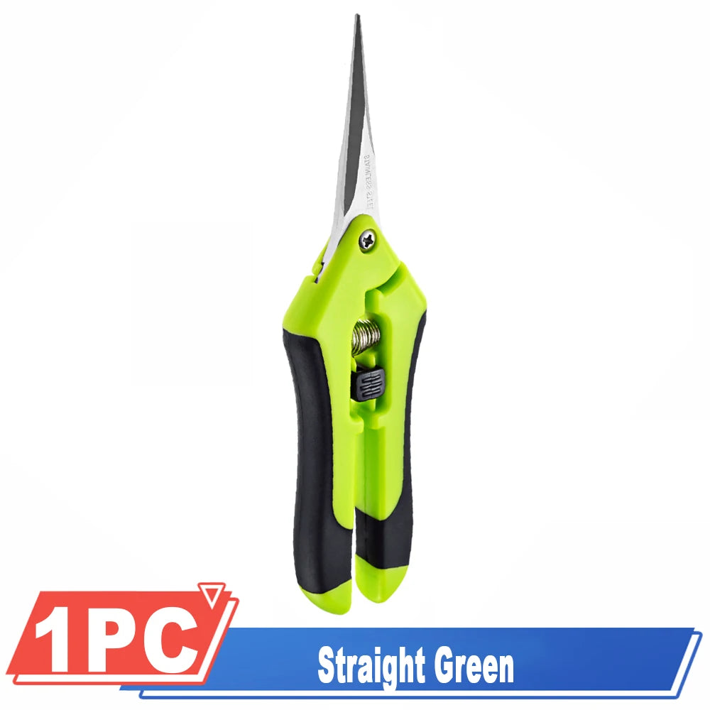 Green and black garden pruning shears with a straight blade on a white background. "1PC Straight Green" label is displayed at the bottom.