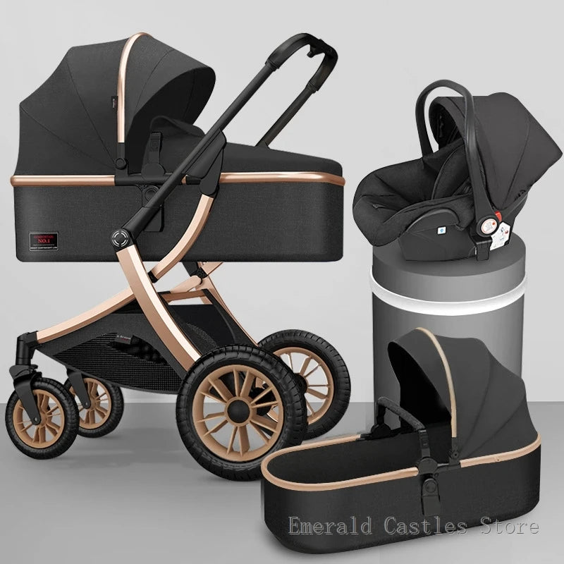 Luxurious black and gold baby travel set featuring a stroller with large wheels, a detachable bassinet, and a matching car seat on a round stand against a gray background.