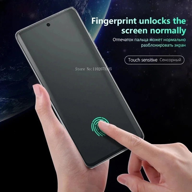 A hand holding a smartphone with a visible fingerprint scanner screen. Text says, "Fingerprint unlocks the screen normally." A planet is faintly visible in the background.