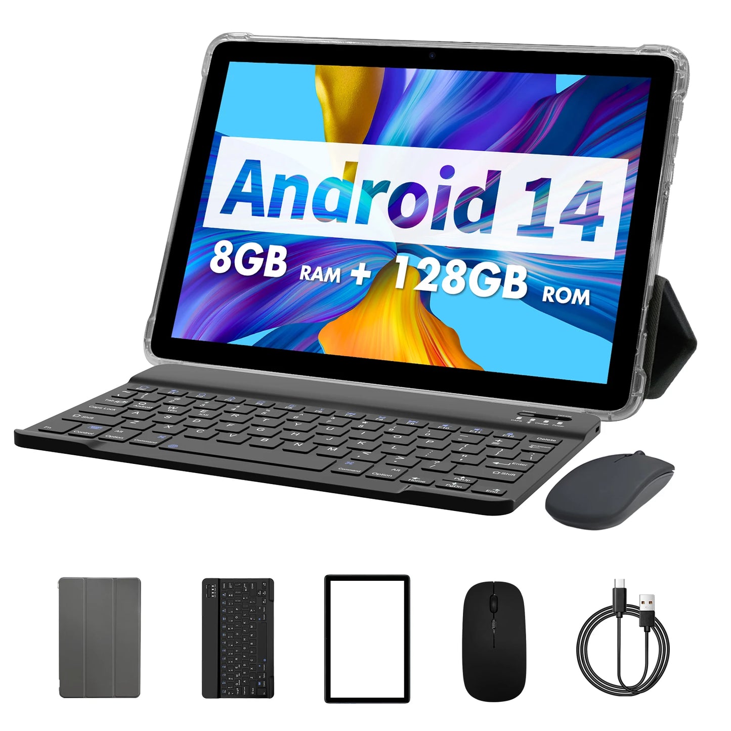 Tablet with detachable keyboard, running Android 14, 8GB RAM and 128GB ROM. Included: protective cover, keyboard, mouse, and charging cable. Colorful abstract wallpaper on screen.