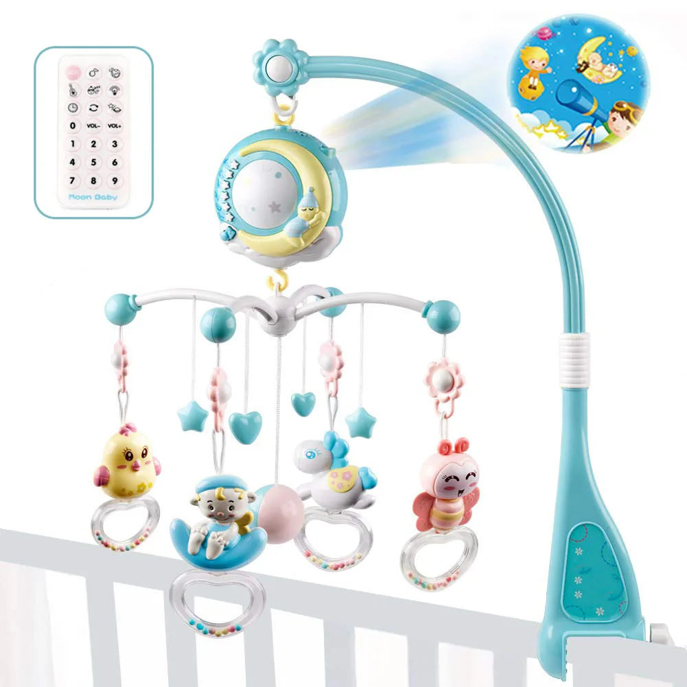 Baby crib mobile with colorful hanging toys, including a chick, lamb, and bear, plus heart and star shapes. Features a musical moon projector and remote control.