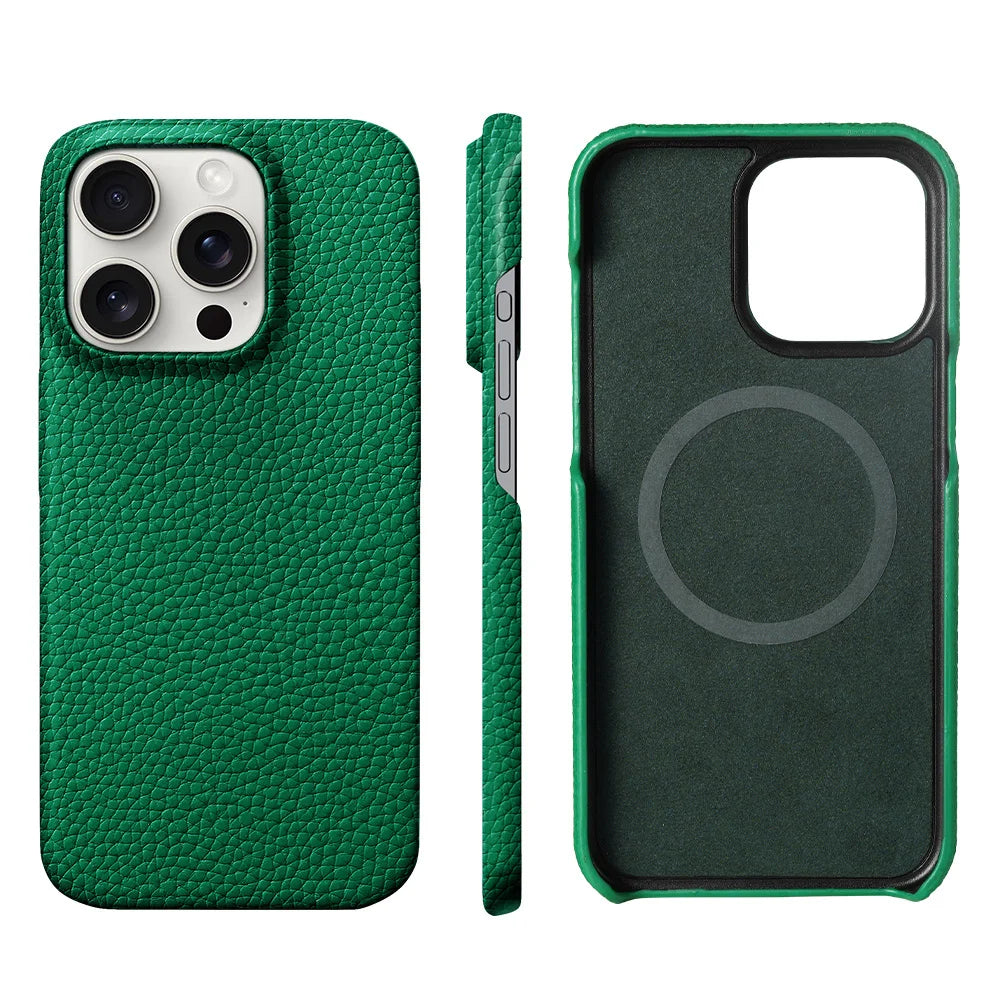 Green textured phone case with three lenses visible, shown from front, side, and interior views, featuring a circular pattern indicating MagSafe compatibility.