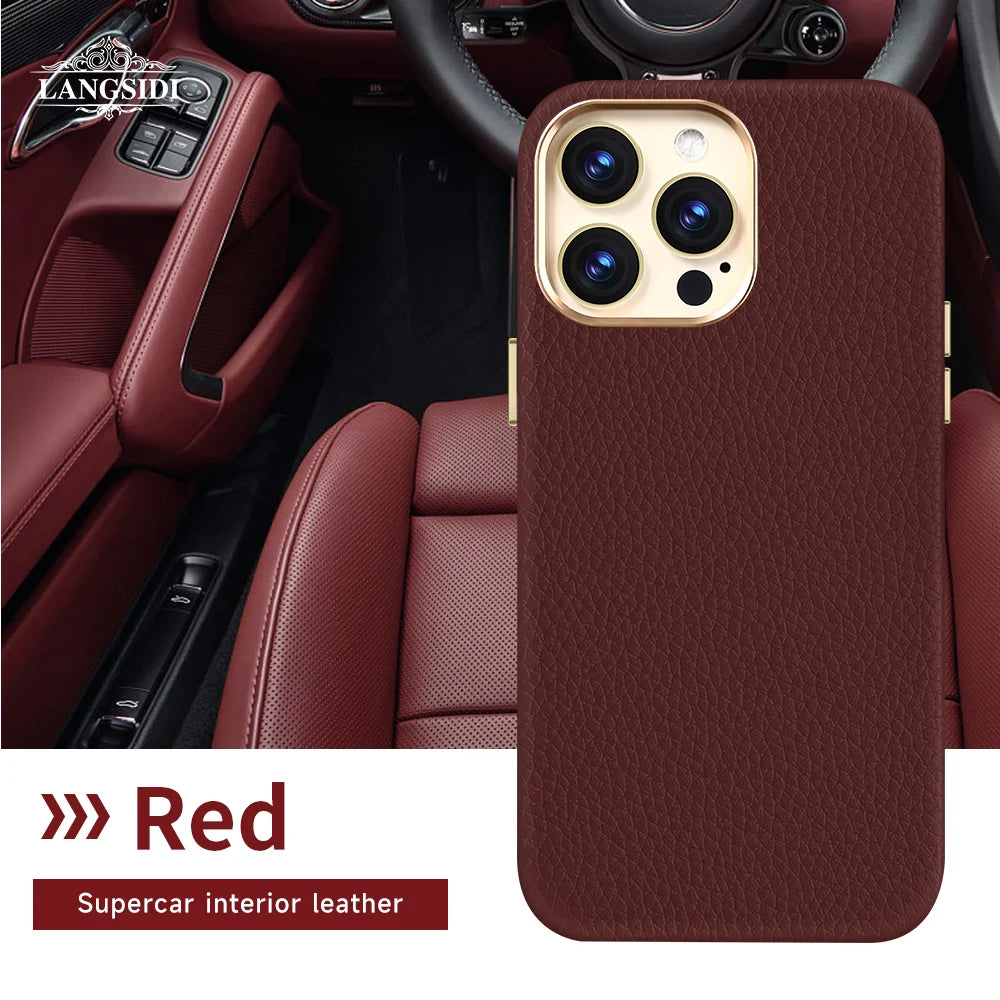 Red leather phone case with a luxury texture is shown overlaid on a matching car interior. Text reads "Red" and "Supercar interior leather" highlighting the material.