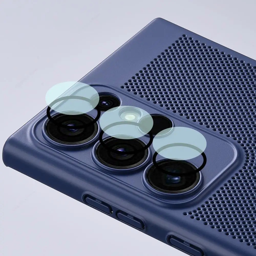 Close-up of a blue smartphone case with a perforated texture, featuring camera cutouts for multiple lenses and button covers on the side.