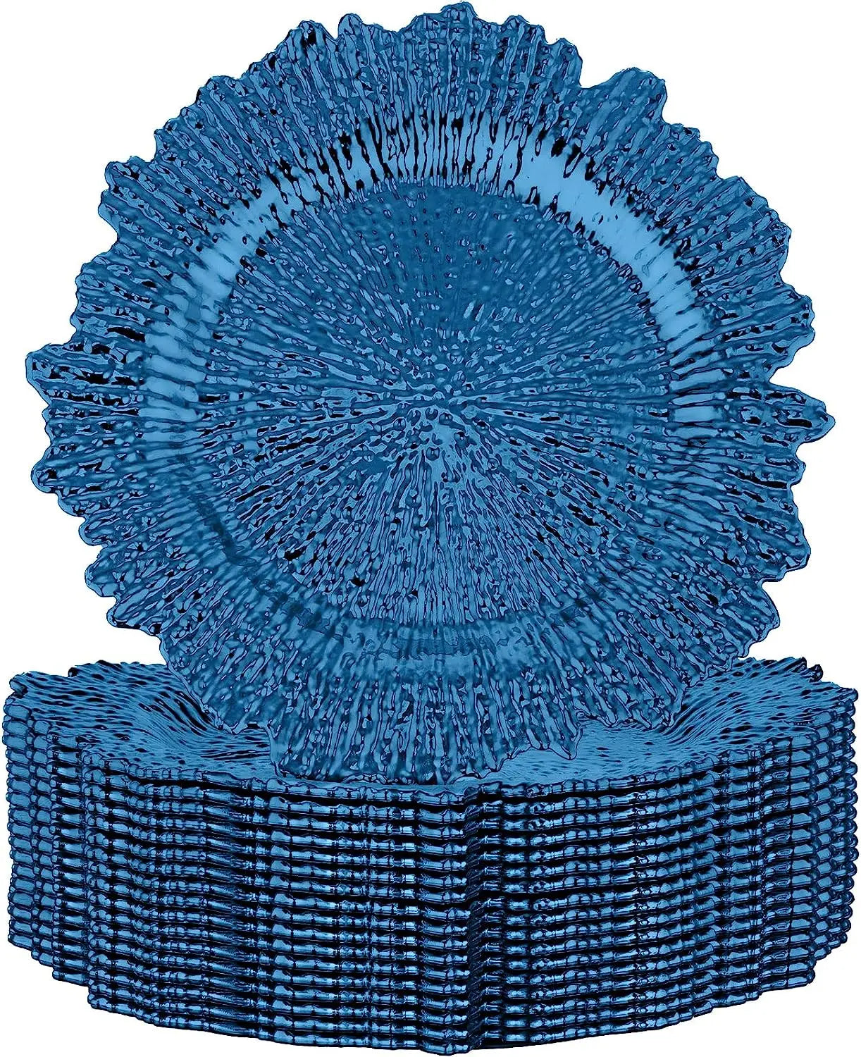 A stack of blue, textured glass plates with a radial design and jagged edges, resembling a starburst pattern.
