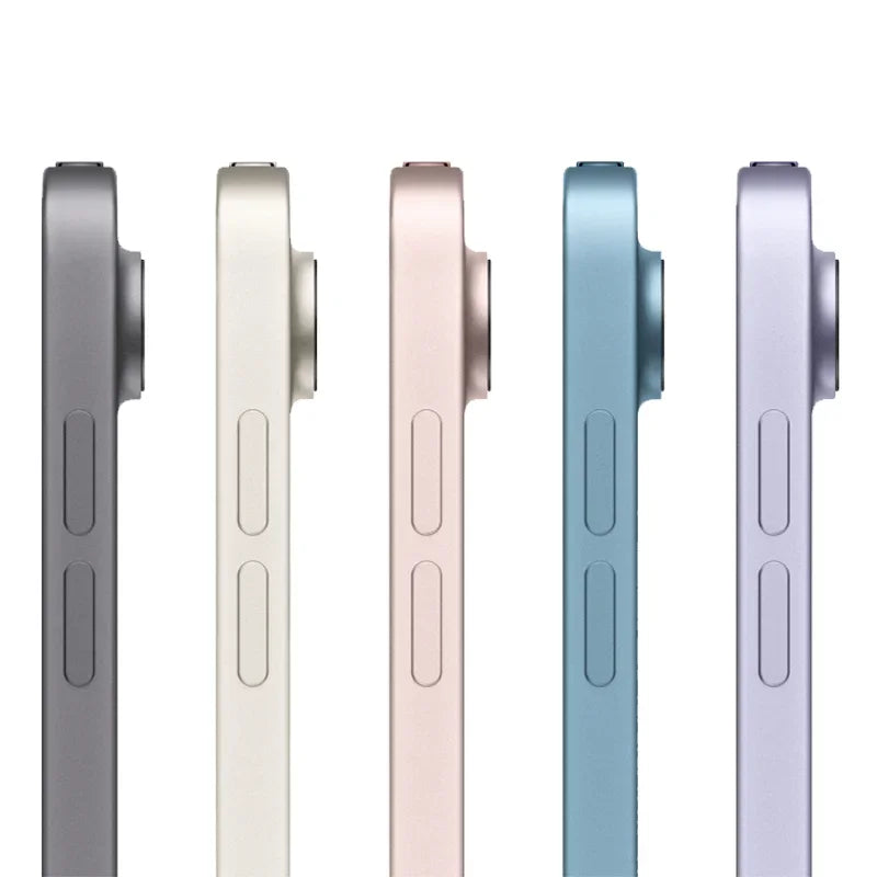 Side view of five smartphones in different colors: gray, white, pink, blue, and purple, showcasing their slim profiles and protruding camera lenses.