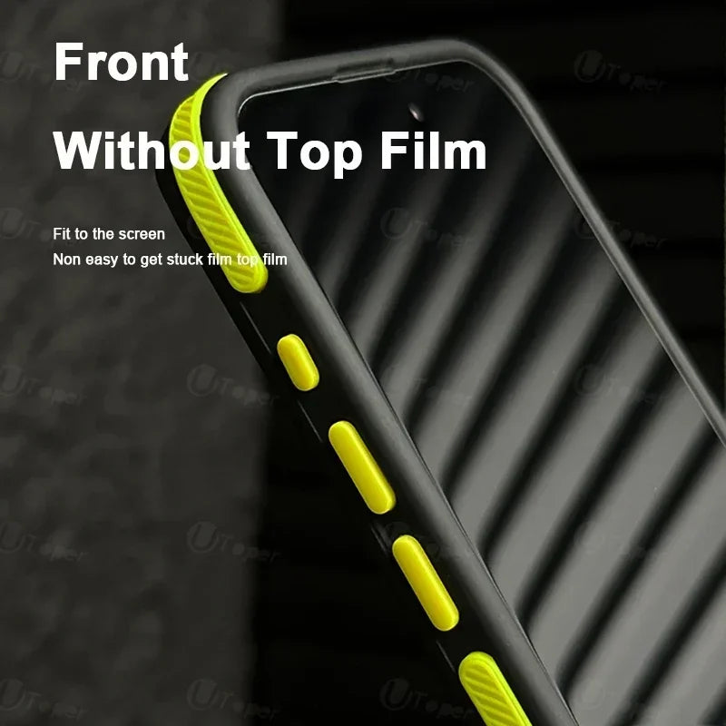 Close-up of a black smartphone case with yellow buttons, highlighting its precise fit and easy application without a top film.
