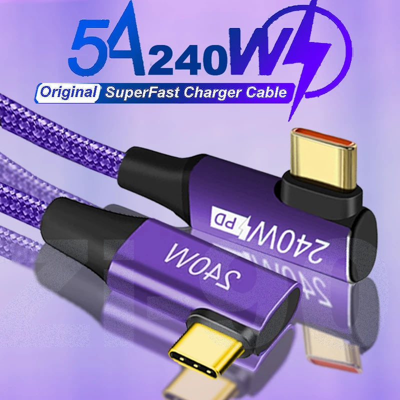 Purple braided USB-C cable with "5A 240W SuperFast Charger Cable" text. The connectors are yellow-gold tipped with black casing, designed for high-speed charging.