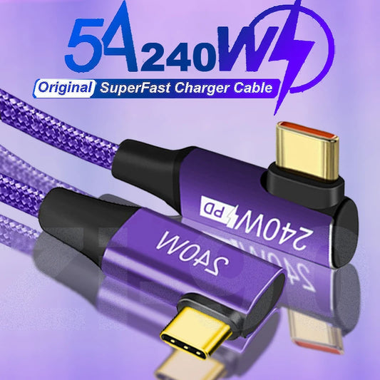 Purple braided USB-C cable with "5A 240W SuperFast Charger Cable" text. The connectors are yellow-gold tipped with black casing, designed for high-speed charging.