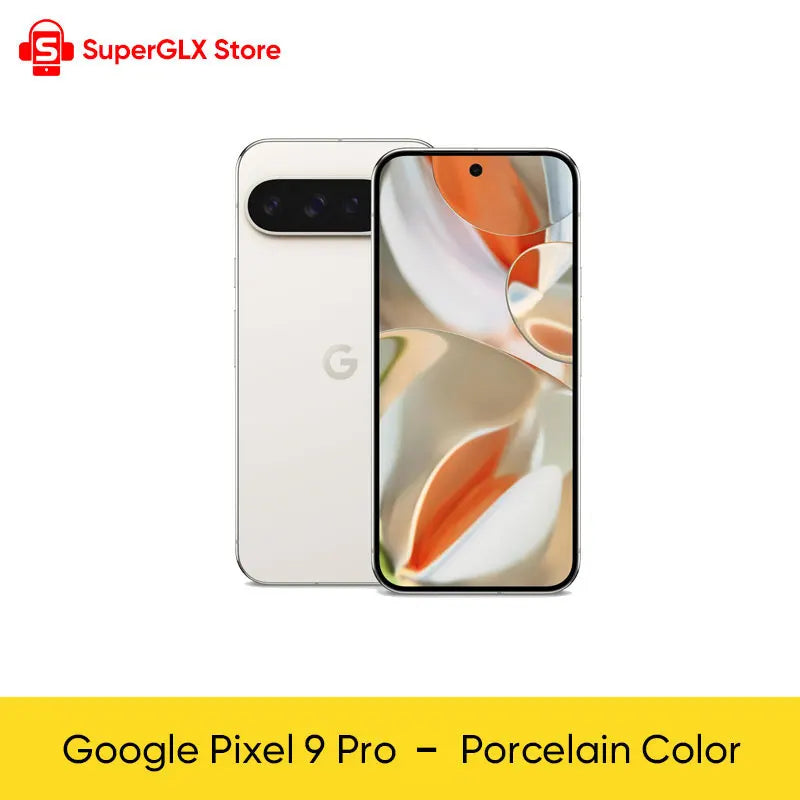 Google Pixel 9 Pro in porcelain color, showing front and back. Display has abstract wallpaper, rear features dual cameras. SuperGLX Store logo and label at the top and bottom.
