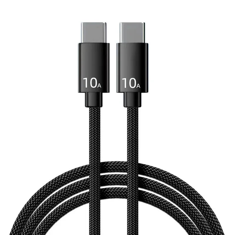 Black braided USB-C cable with two connectors, each labeled '10A.' The cable is neatly coiled, showcasing its durable design.