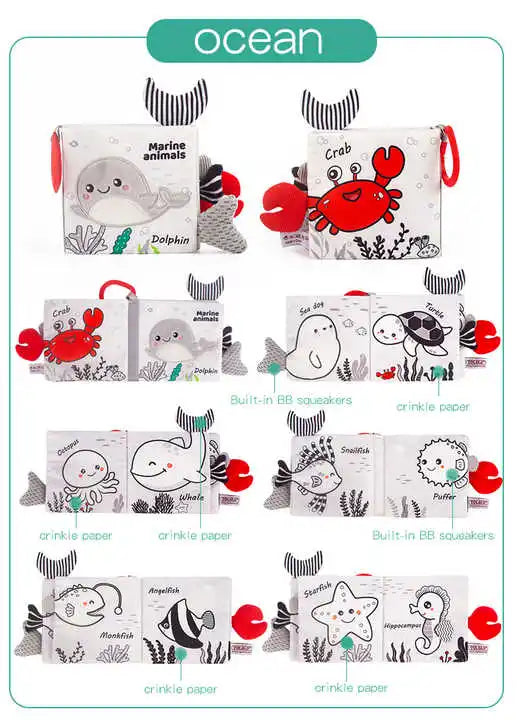 Children's ocean-themed soft book featuring illustrations of sea animals like crab, dolphin, turtle, and seahorse. Includes crinkle paper and squeakers for sensory play.