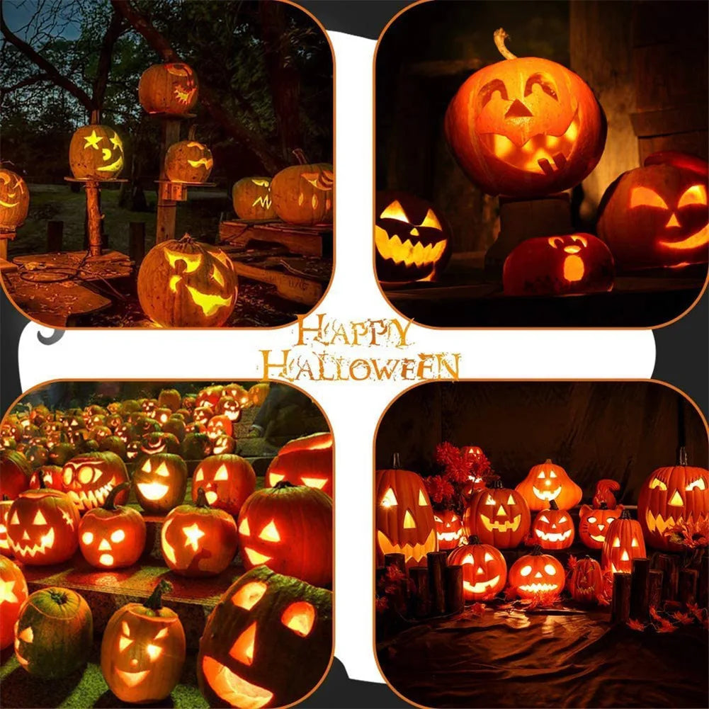 Festive Halloween image featuring various glowing jack-o'-lanterns with different carved expressions, arranged in a spooky outdoor and indoor setting, with "Happy Halloween" text.