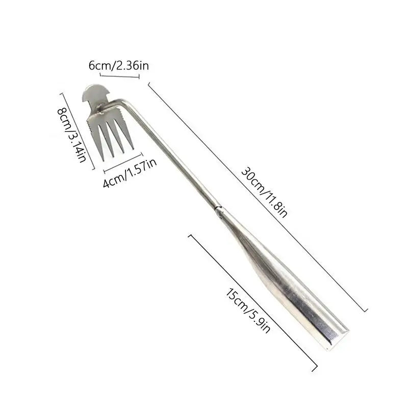 Silver telescopic back scratcher with dimensions labeled: 6cm claw width, 8cm claw length, 30cm handle, extended to 45cm. Compact, portable design for ease of use.