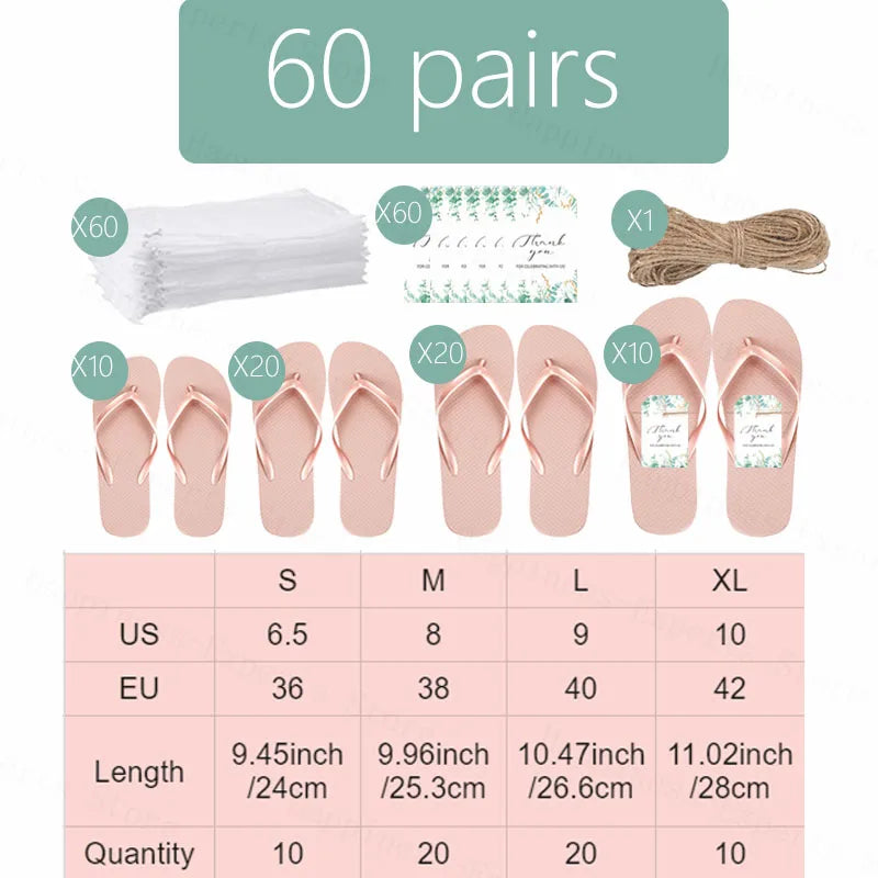 Image showing 60 pairs of pink flip-flops in sizes S to XL, with quantities of 10, 20, 20, and 10 respectively. Includes bags, thank you cards, and string. Size chart provided.